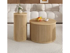 Mesa redonda dupla - com tampos de madeira natural - Mesa de centro - MDF - natural