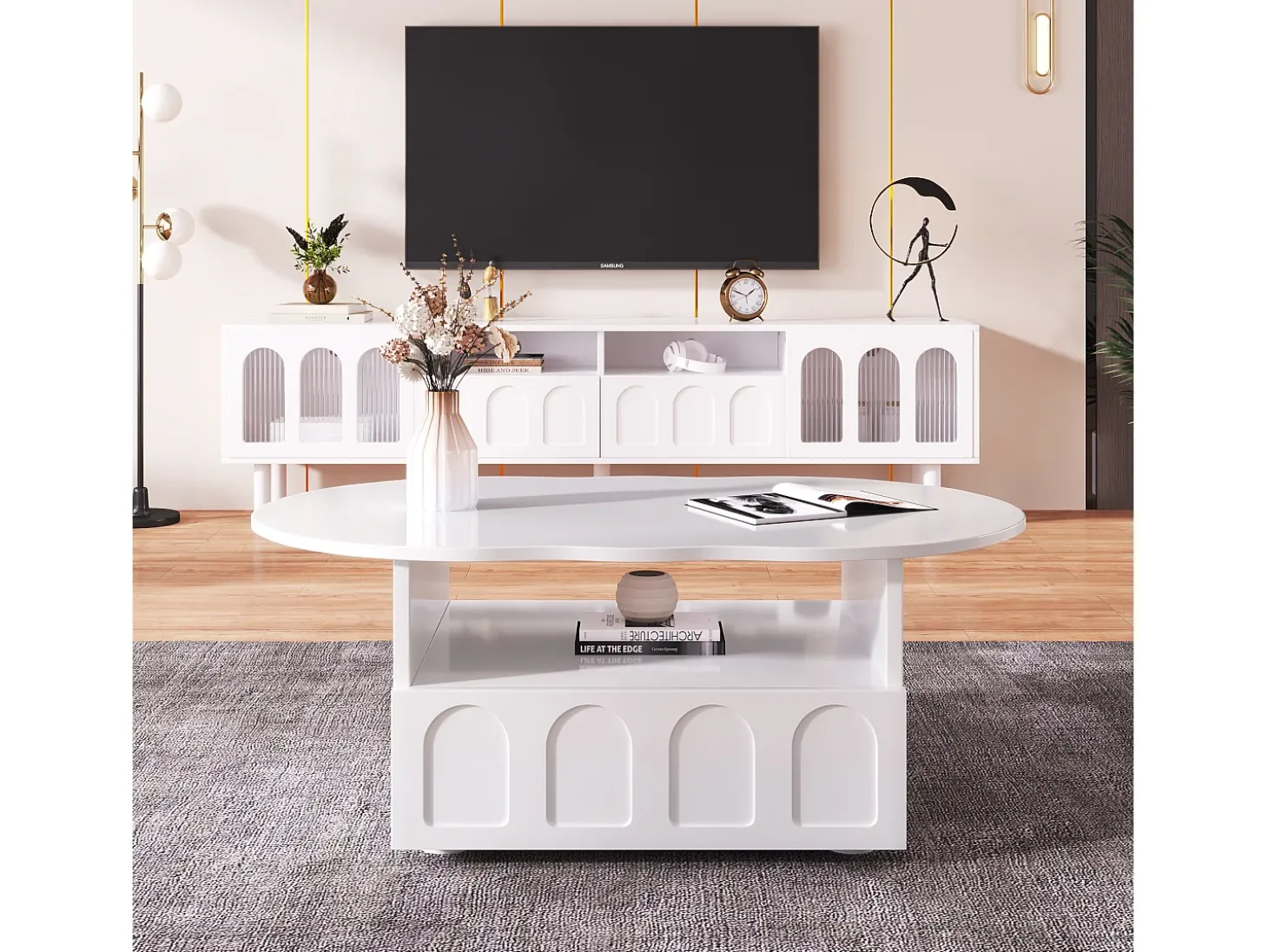 Mesa de centro com gavetas e compartimento aberto - tampo em forma de nuvem - Branco