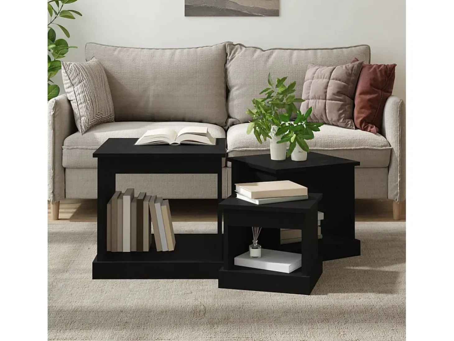 Mesas de centro 3 pcs derivados de madeira preto