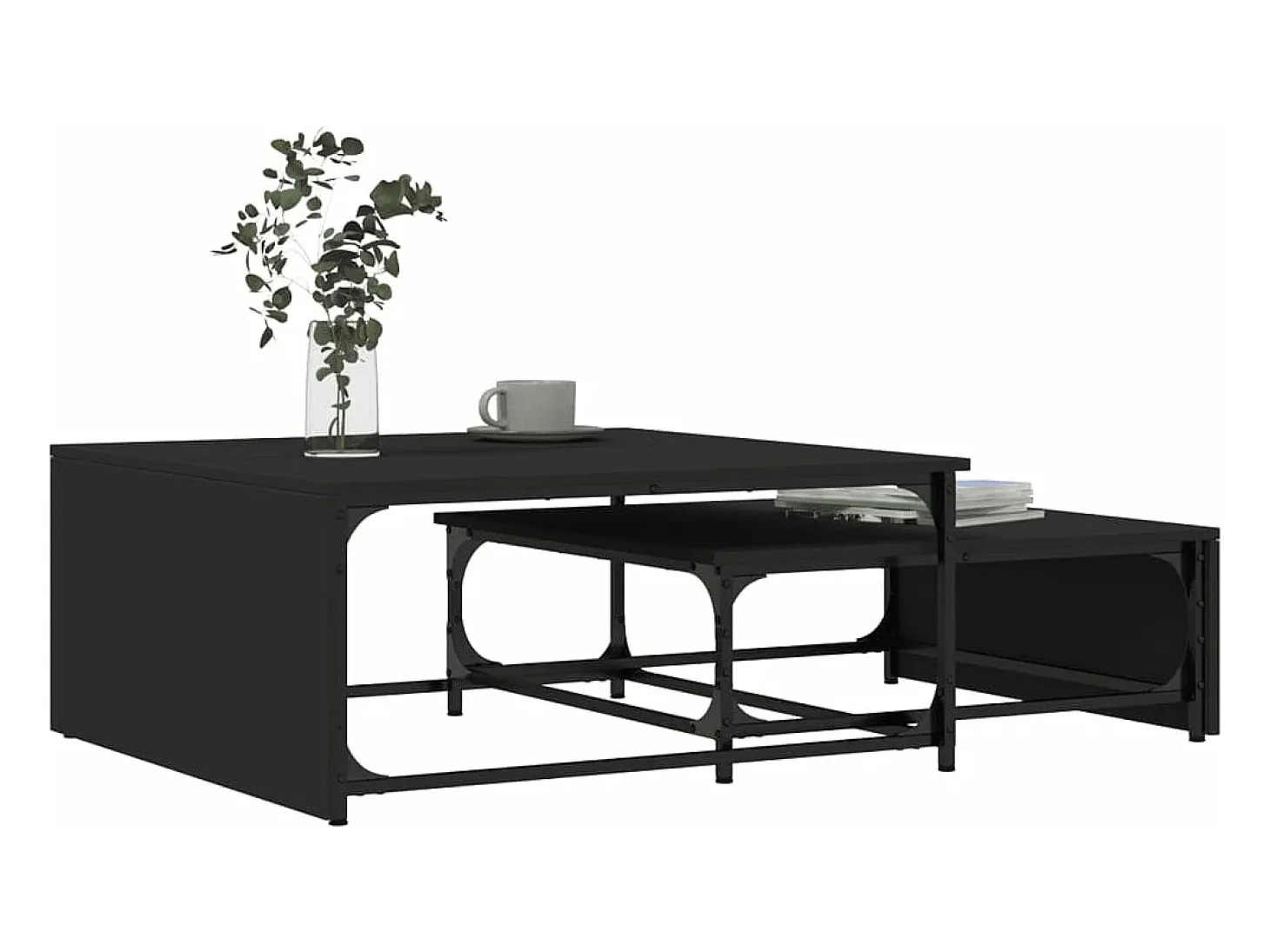 Mesas de centro de encastrar 2 pcs deriv.madeira/metal preto
