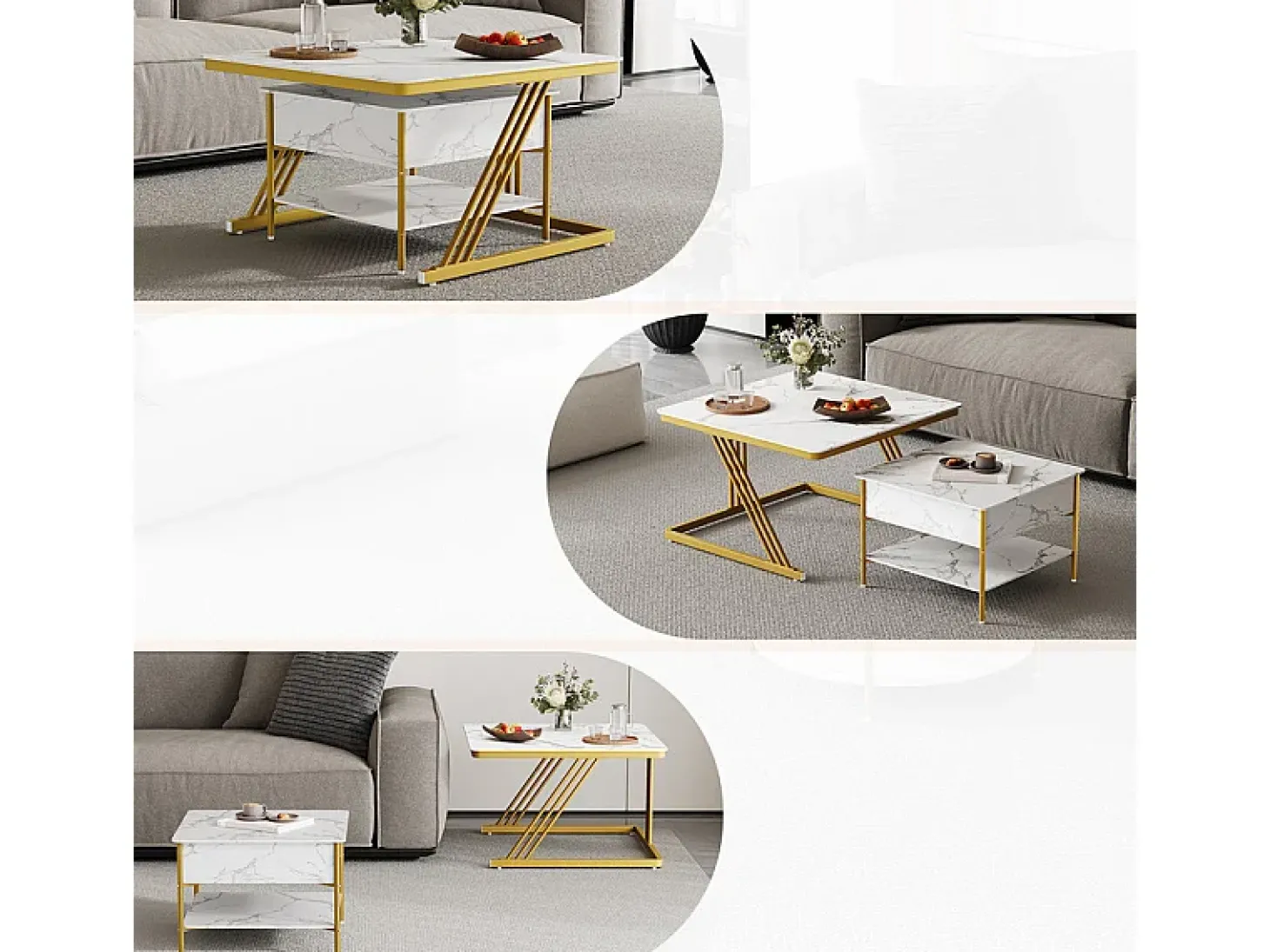 Mesas de centro nido quadradas, com tampo rebatível, pés de metal dourado, carga máx. 80kg, Branco e dourado