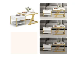 Mesas de centro nido quadradas, com tampo rebatível, pés de metal dourado, carga máx. 80kg, Branco e dourado