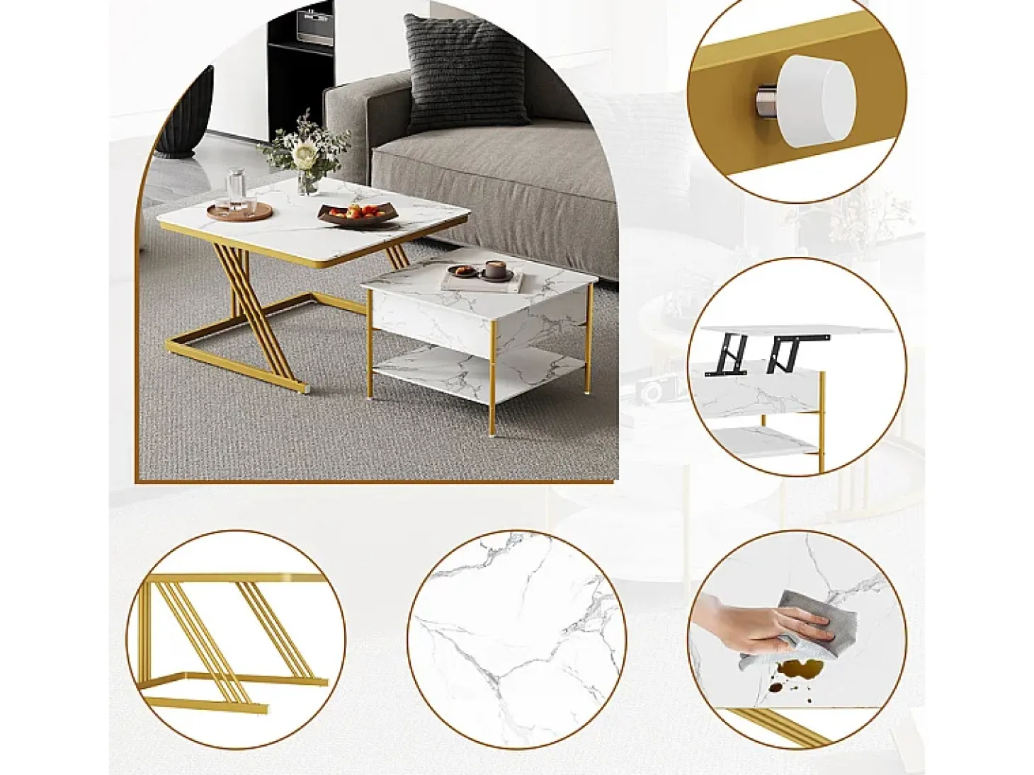 Mesas de centro nido quadradas, com tampo rebatível, pés de metal dourado, carga máx. 80kg, Branco e dourado