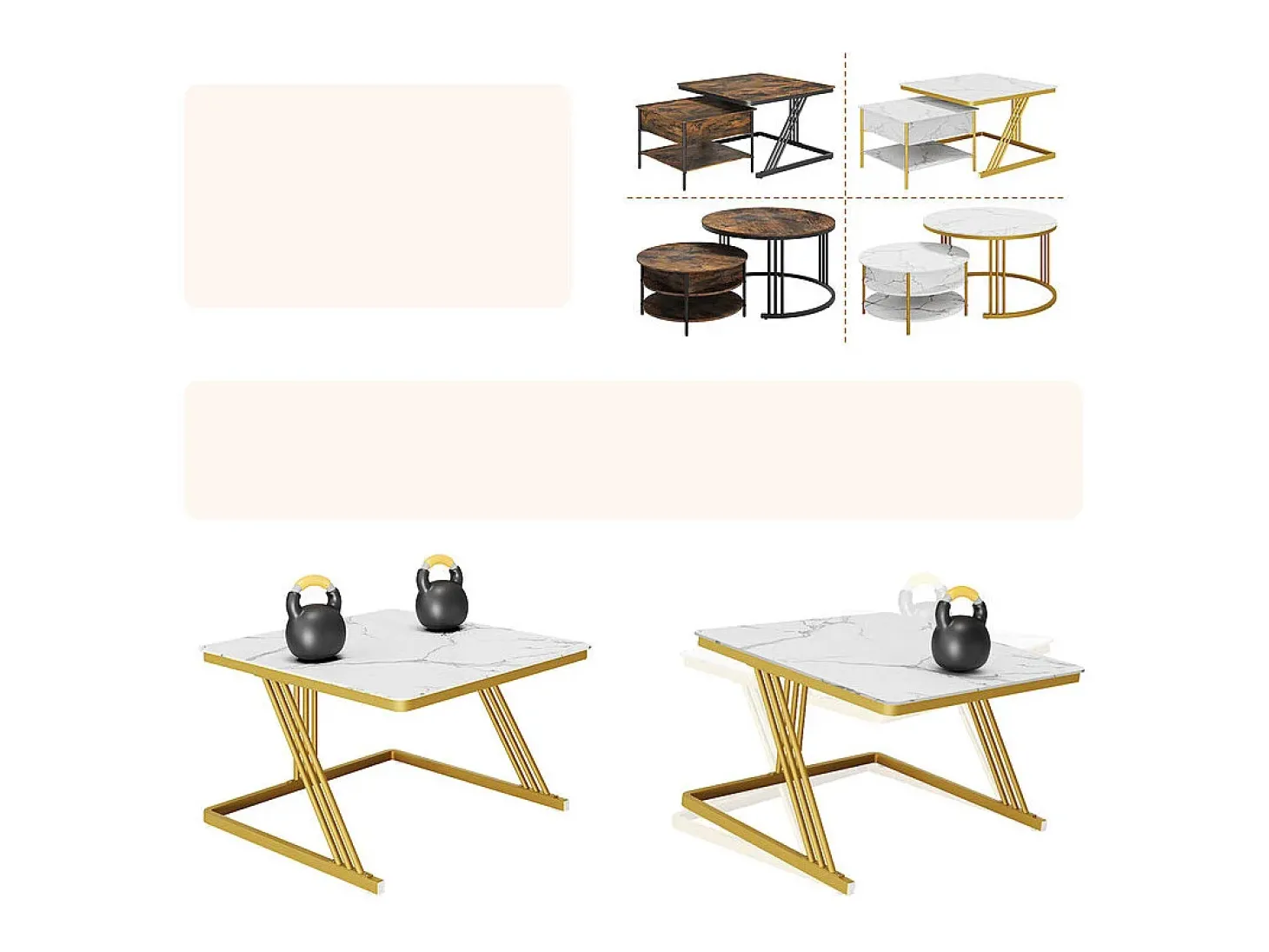 Mesas de centro nido quadradas, com tampo rebatível, pés de metal dourado, carga máx. 80kg, Branco e dourado
