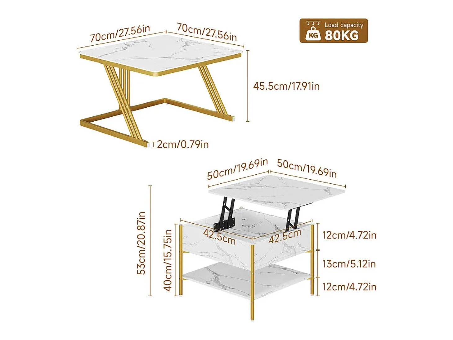 Mesas de centro nido quadradas, com tampo rebatível, pés de metal dourado, carga máx. 80kg, Branco e dourado
