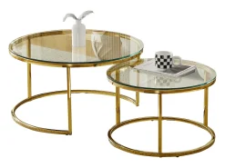 Mesas de centro sobrepostas MILA - Vidro temperado transparente e metal dourado