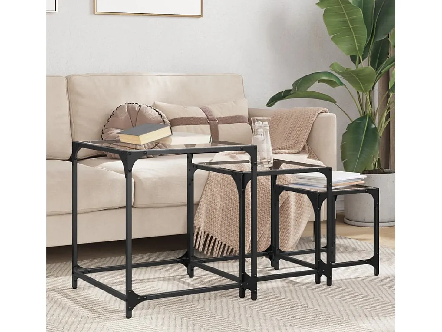 Mesas de encaixar 3 pcs c/ tampo vidro transparente aço