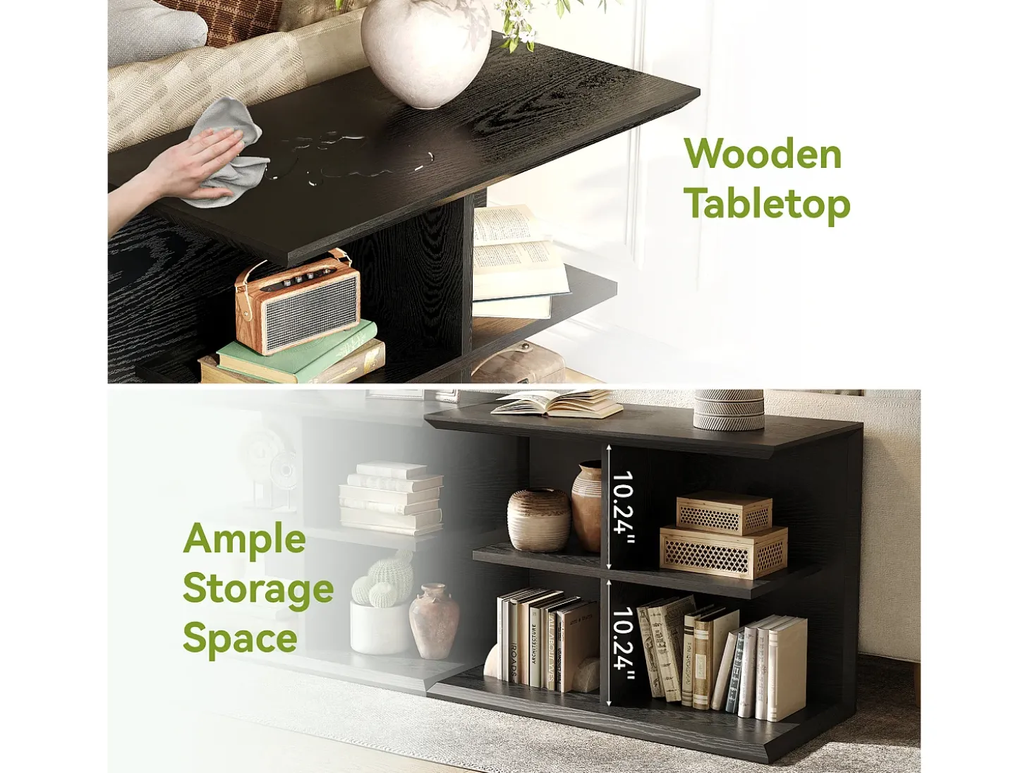 Mesas Laterais de Sala de Estar Preta, Mesas Laterais de 3 Andares com Armazenamento, Mesa de Cabeceira Moderna