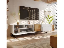 Meuble TV 180 cm - avec 2 tiroirs et 5 compartiments - en MDF - Blanc & Naturel