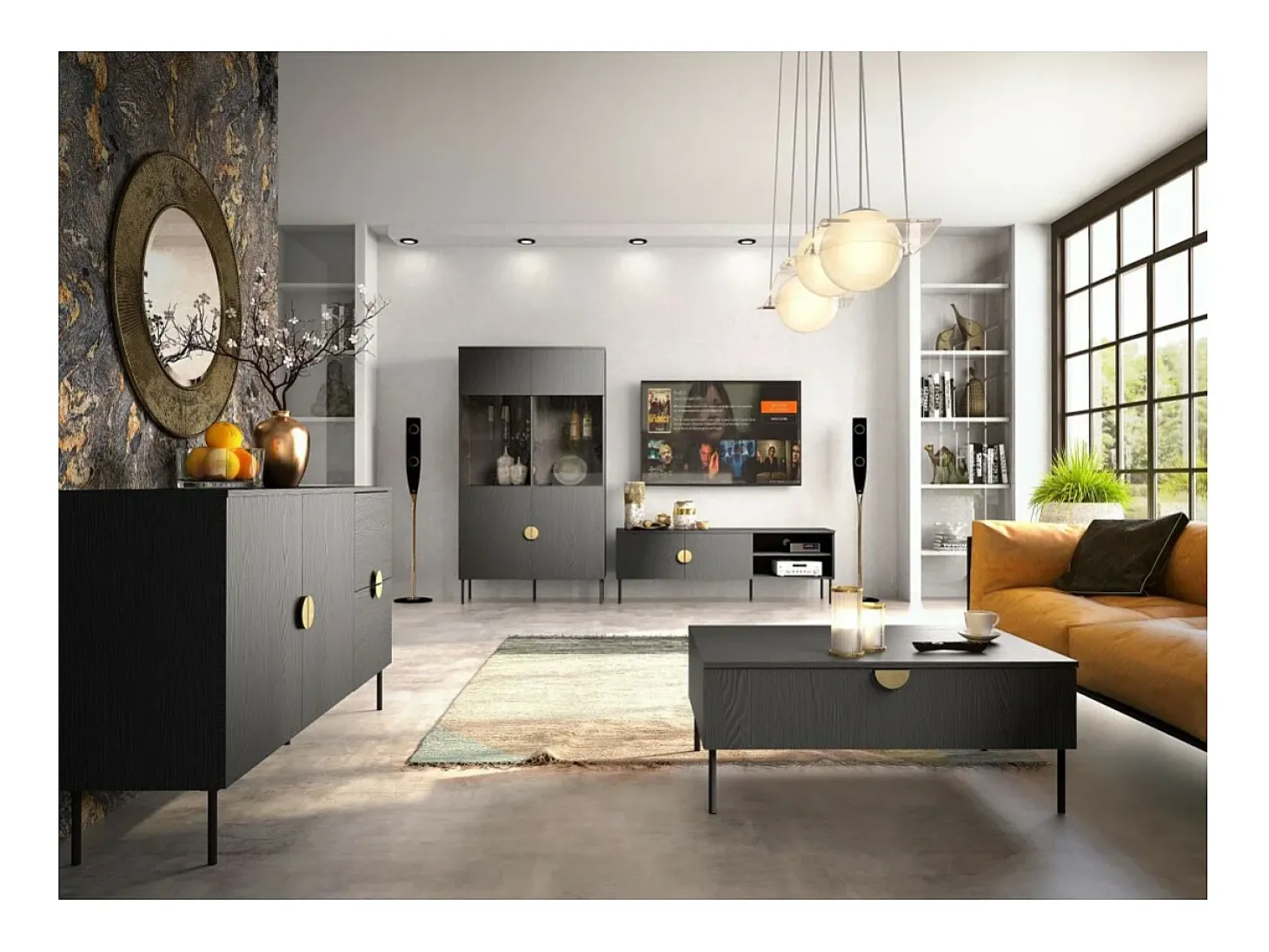 Meuble TV 2 Portes - noir avec poignées dorées - 160 CM - collection MONDO