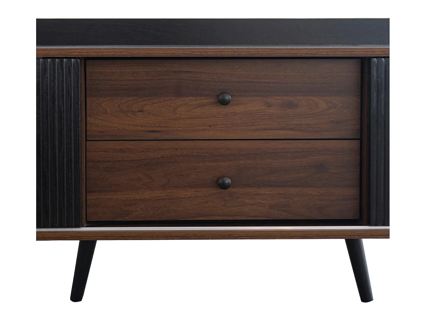 Meuble TV avec 2 tiroirs et 2 portes coulissantes, porte rayée, noir et bois