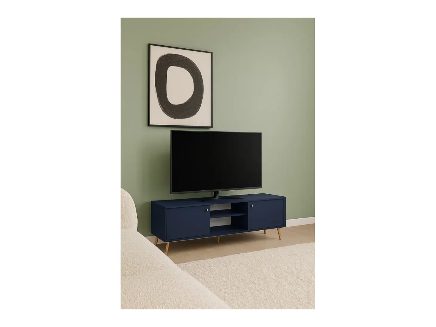 Meuble TV design AZURÉA – 2 portas & 2 nichos – Azul profundo – 156x55x41 cm