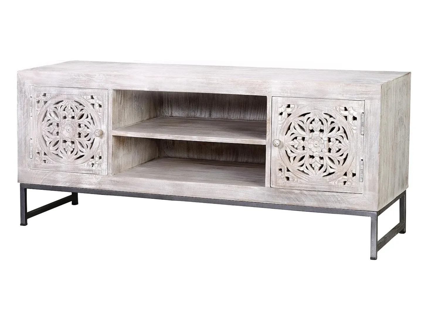 Meuble TV manguier e pés de metal branco antigo