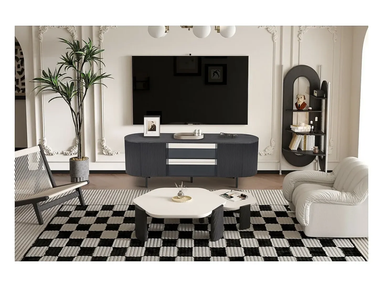 Meuble TV VAGOS – Coloris brun foncé – Meuble TV arrondi – 2 portes & 2 niches – 160 cm – Design contemporain