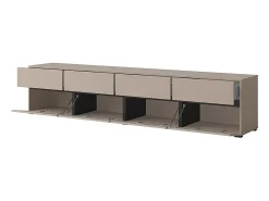 Meuble TV XL coloris beige et noir 225cm collection HAVANA. Meuble design avec 4 portes et 4 tiroirs.