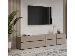 Meuble TV XL coloris beige et noir 225cm collection HAVANA. Meuble design avec 4 portes et 4 tiroirs.