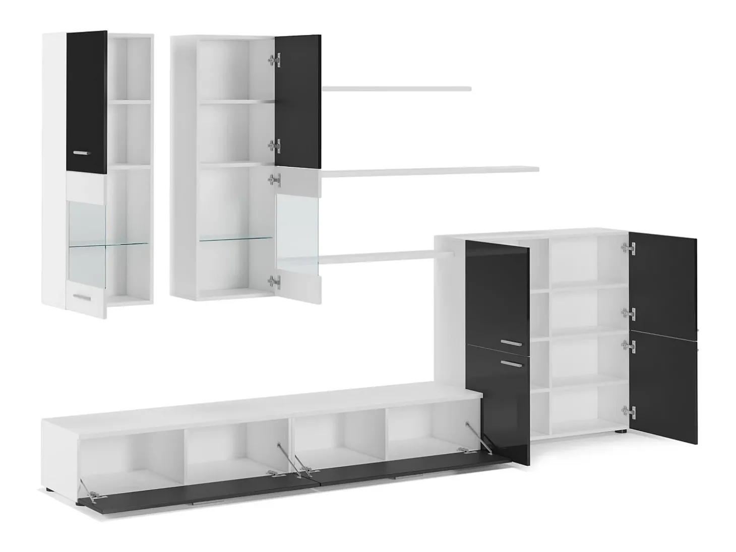 Mobiliário com luzes LED, Laca Negra Brilhante e Branco Mate, 300x42x189cm