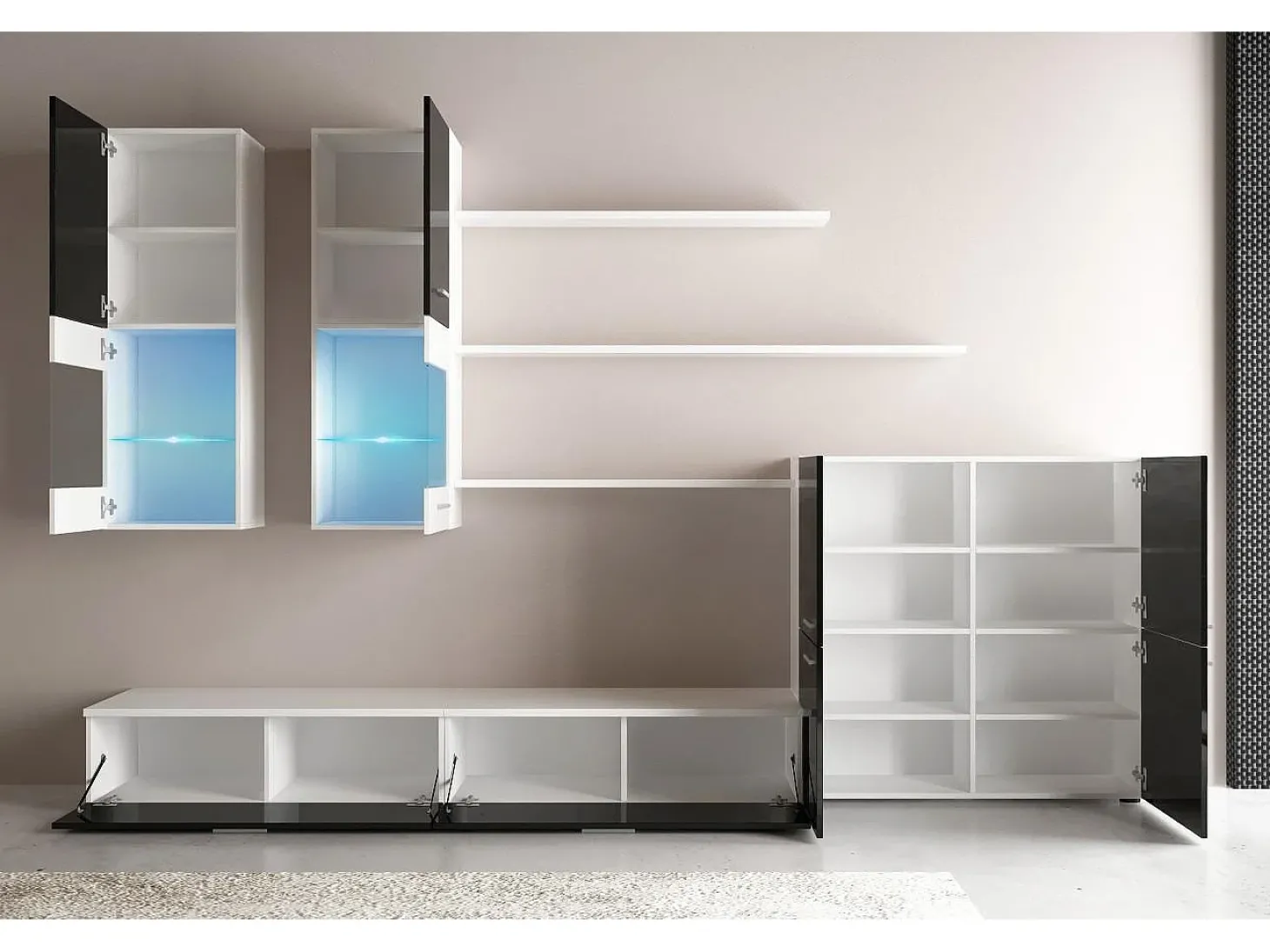 Mobiliário com luzes LED, Laca Branca Brilhante e Branco Mate, 300x42x189cm