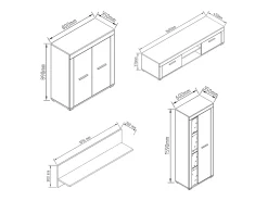 Mobiliário de TV VCM | 4 pcs. Parede viva com espaço de armazenamento suficiente | Armário de TV | Parede montada – Usilo XL (Branco / Carvalho Mel)