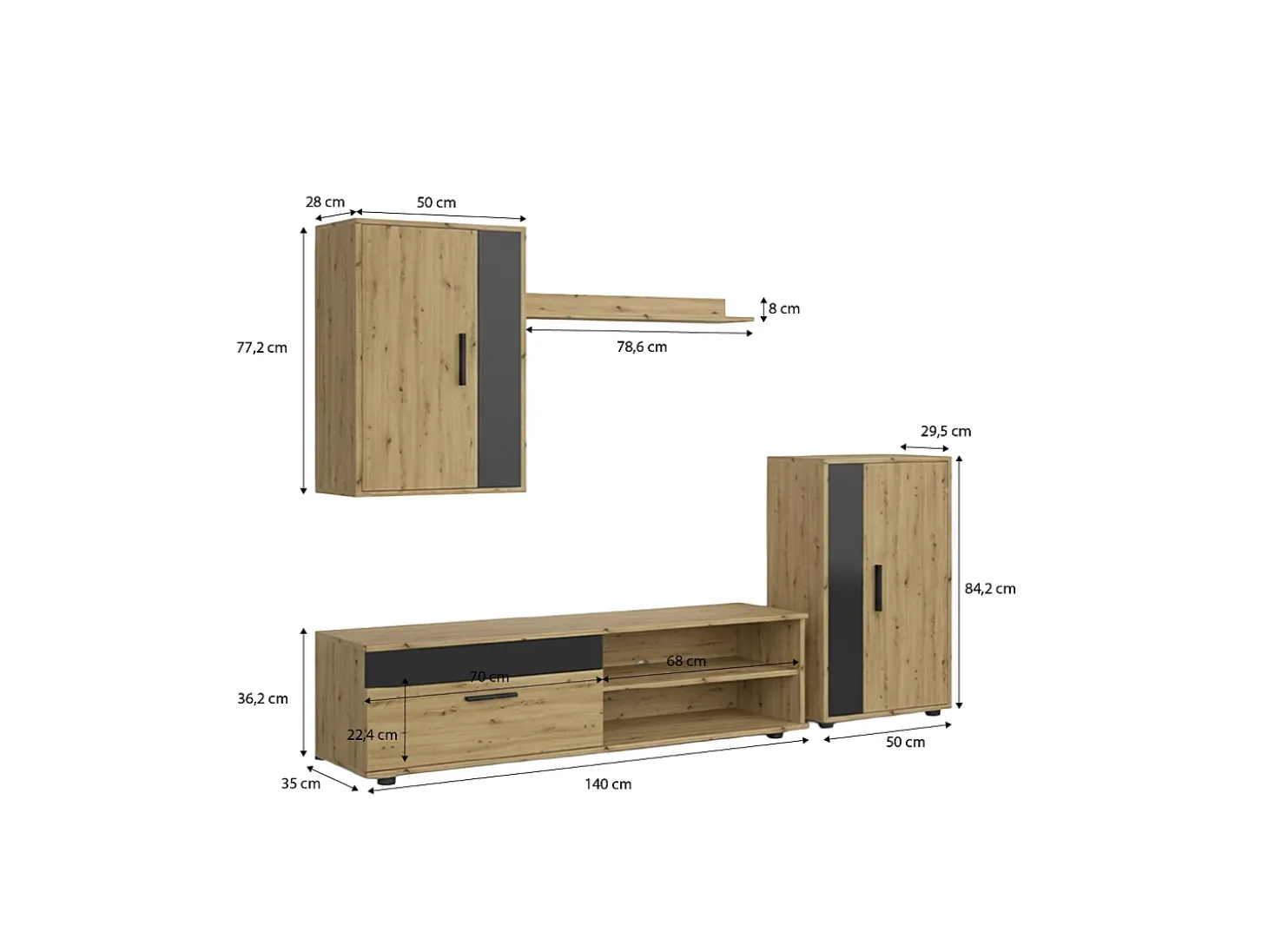 Mobiliário modular de sala de estar Lunet em aplino preto 190 cm