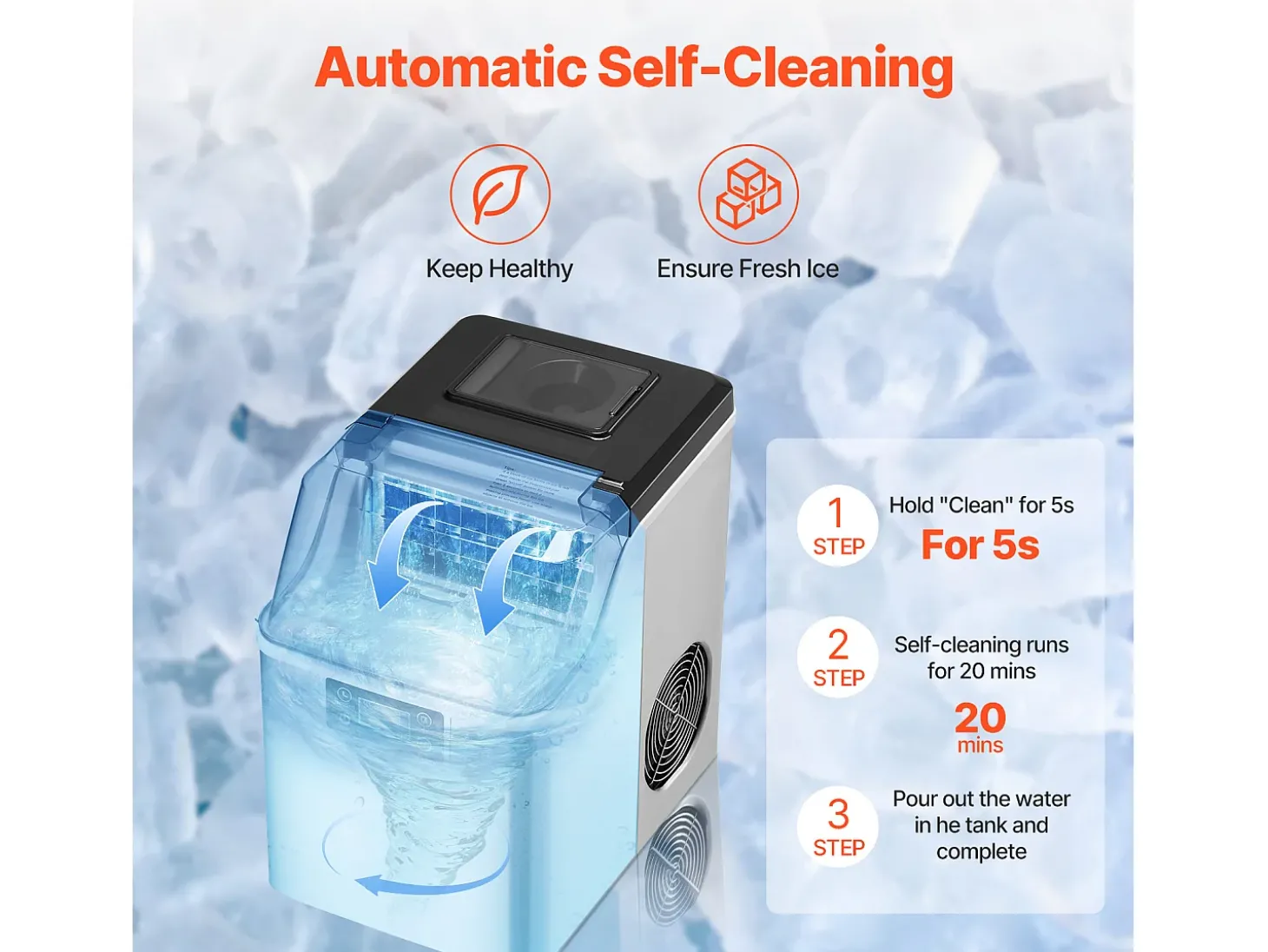 Máquina De Gelo De Bancada SucceBuy, 20.41 kg De Gelo Em 24 Horas, Autolimpante, Com Pá E Cesto