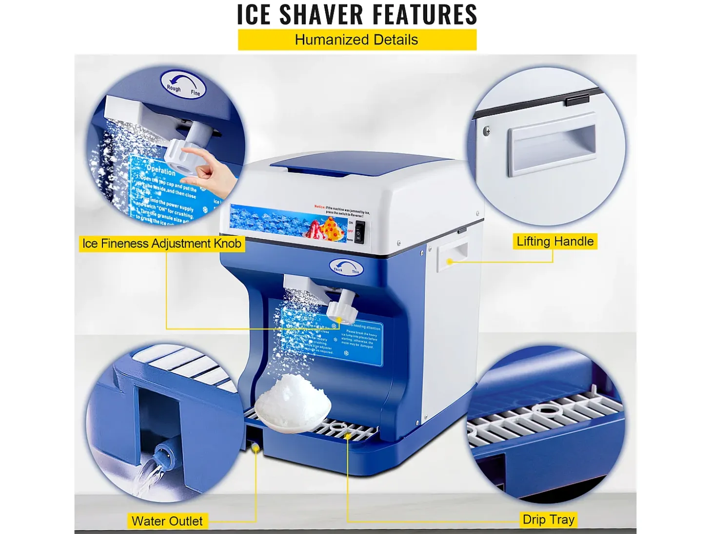 Máquina de Gelo SucceBuy Máquina de Cone de Neve 250 W 265 LBS/H Triturador de Gelo Ajustável para Uso Doméstico