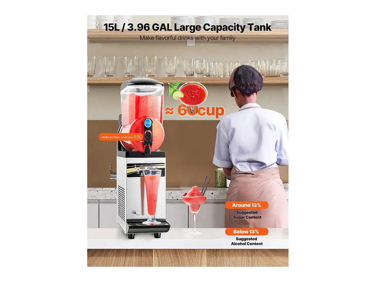 Máquina de Granito SucceBuy, Reservatório Único de 15 L, Aço Inoxidável, Distribuidor de Bebidas Geladas, para Casa, Restaurantes, Cafés, Bares