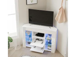 Móveis de TV de ângulo moderno com luz LED, bancada de TV branca moderna, 9 compartimentos, móveis de sala de estar 100x40x68cm