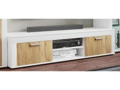 Móveis de TV VCM | Lowboard | Prateleira TV | Dimensões A. 37 x L. 160 x P. 45 cm | Fernseh Furniture – Usilo XL (Branco / Carvalho Mel)