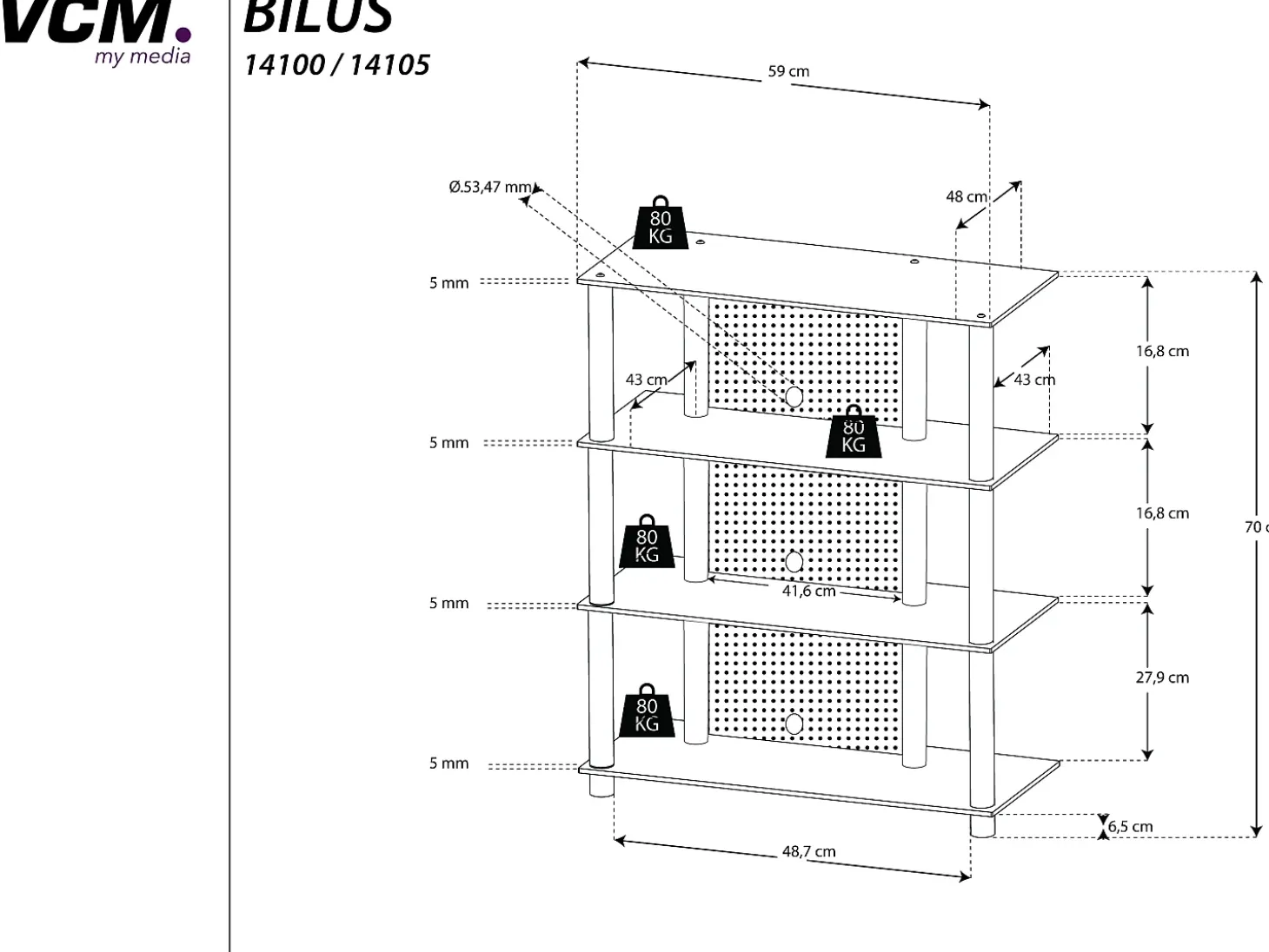 Móveis Hifi Bilus Vidro preto A. 70 x L. 59 x P. 48 cm