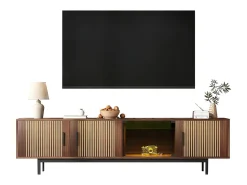 Móveis para televisão, móveis inferiores com texturas esculpidas, móveis para televisão com fitas de luz LED e portas de vidro temperado