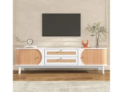 Móveis TV 170cm em madeira maciça e rotin - 2 mesas e 2 portes - estilo campagnard - natural