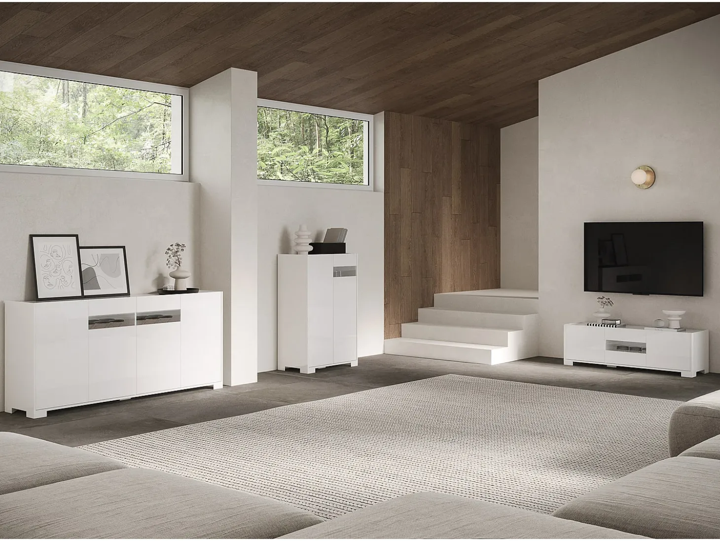 Móvel alto de sala 3 portas 100x35x110 cm Riflesso branco brilhante