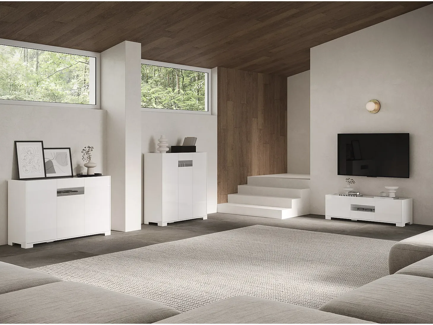 Móvel alto de sala 3 portas 100x35x110 cm Riflesso branco brilhante