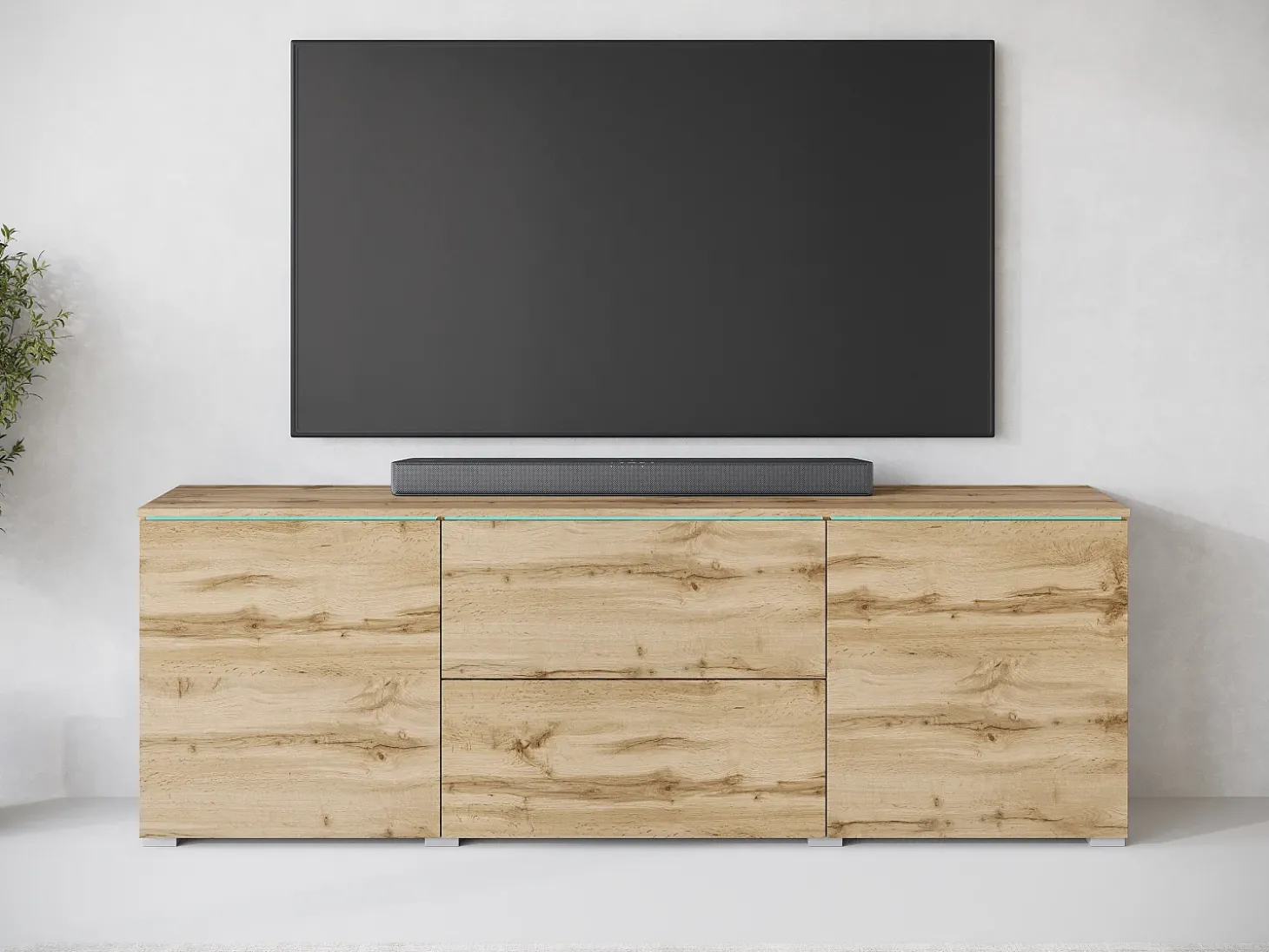 Móvel baixo de TV moderno 180 cm com LED – móvel alto fosco com gavetas e prateleiras, carvalho wotan