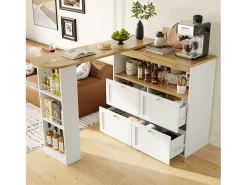 Móvel bar giratório 360° - 204 x 39 x 104 cm - com 4 gavetas + prateleiras abertas - MDF - branco