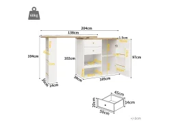 Móvel bar giratório 360° - 204 x 39 x 104 cm - com 2 gavetas + armário com portas - MDF - branco