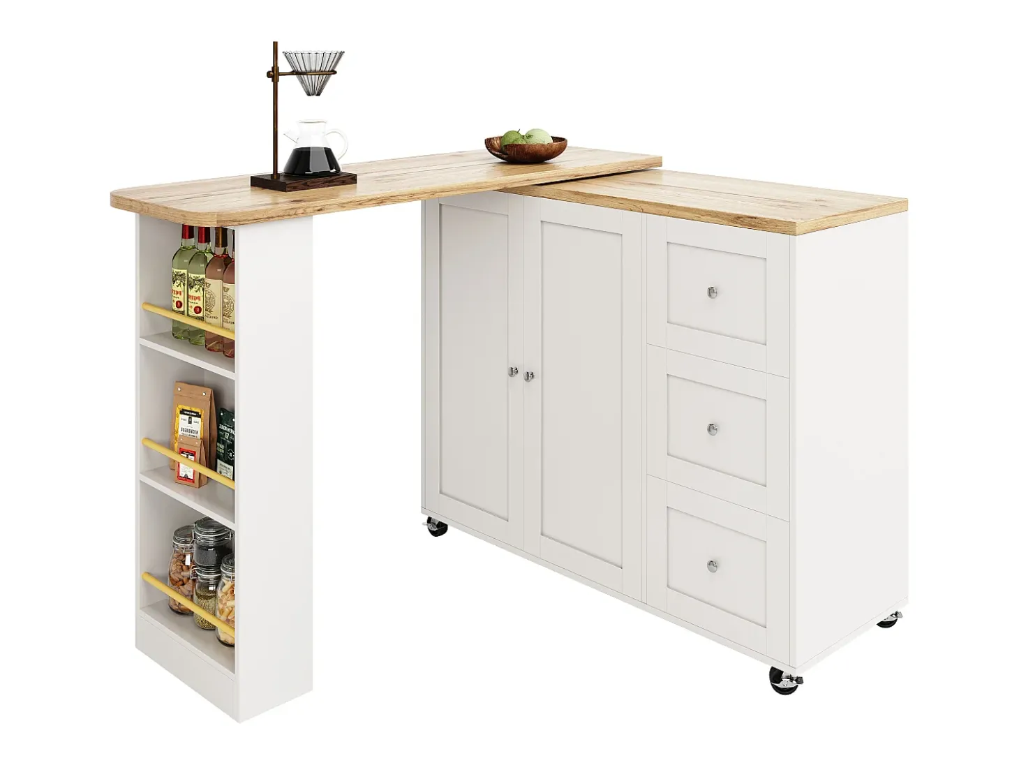 Móvel bar giratório - 2 portas, 2 gavetas e prateleiras de arrumação - 138/209 x 39 x 104 cm - Madeira MDF e vidro - Branco + natural