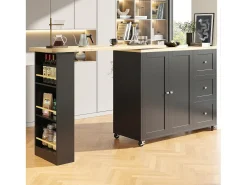 Móvel bar giratório - 2 portas, 2 gavetas e prateleiras de arrumação - 138/209 x 39 x 104 cm - Madeira MDF e vidro - Preto + natural