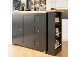 Móvel bar giratório - 2 portas, 2 gavetas e prateleiras de arrumação - 138/209 x 39 x 104 cm - Madeira MDF e vidro - Preto + natural