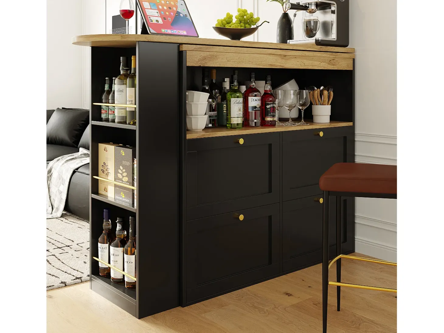 Móvel bar giratório com 4 gavetas e 1 nicho, corpo preto com tampo em folheado de madeira - 138x39x104cm