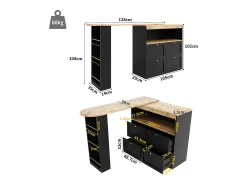 Móvel bar giratório com 4 gavetas e 1 nicho, corpo preto com tampo em folheado de madeira - 138x39x104cm