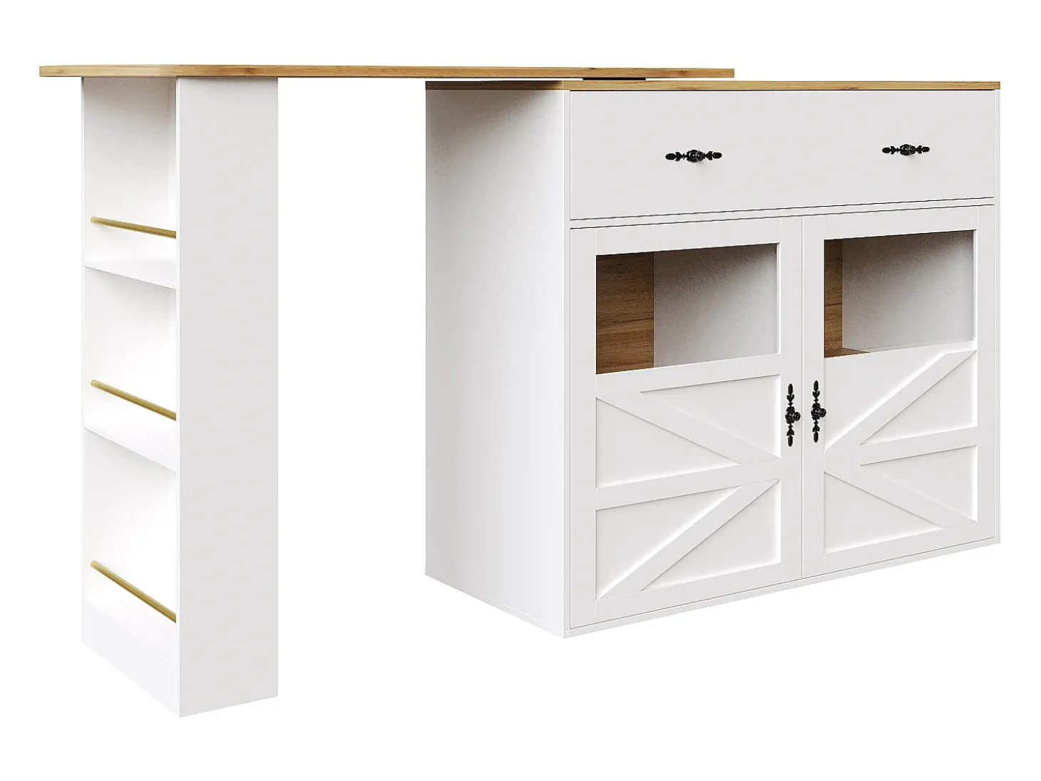 Móvel bar giratório com 1 gaveta larga e 2 portas, prateleira lateral de três níveis incluída, branco - 204x39x104cm