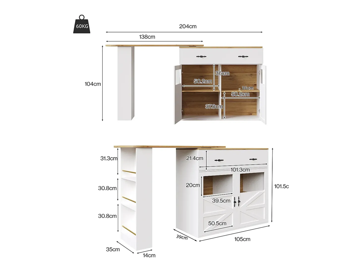 Móvel bar giratório com 1 gaveta larga e 2 portas, prateleira lateral de três níveis incluída, branco - 204x39x104cm