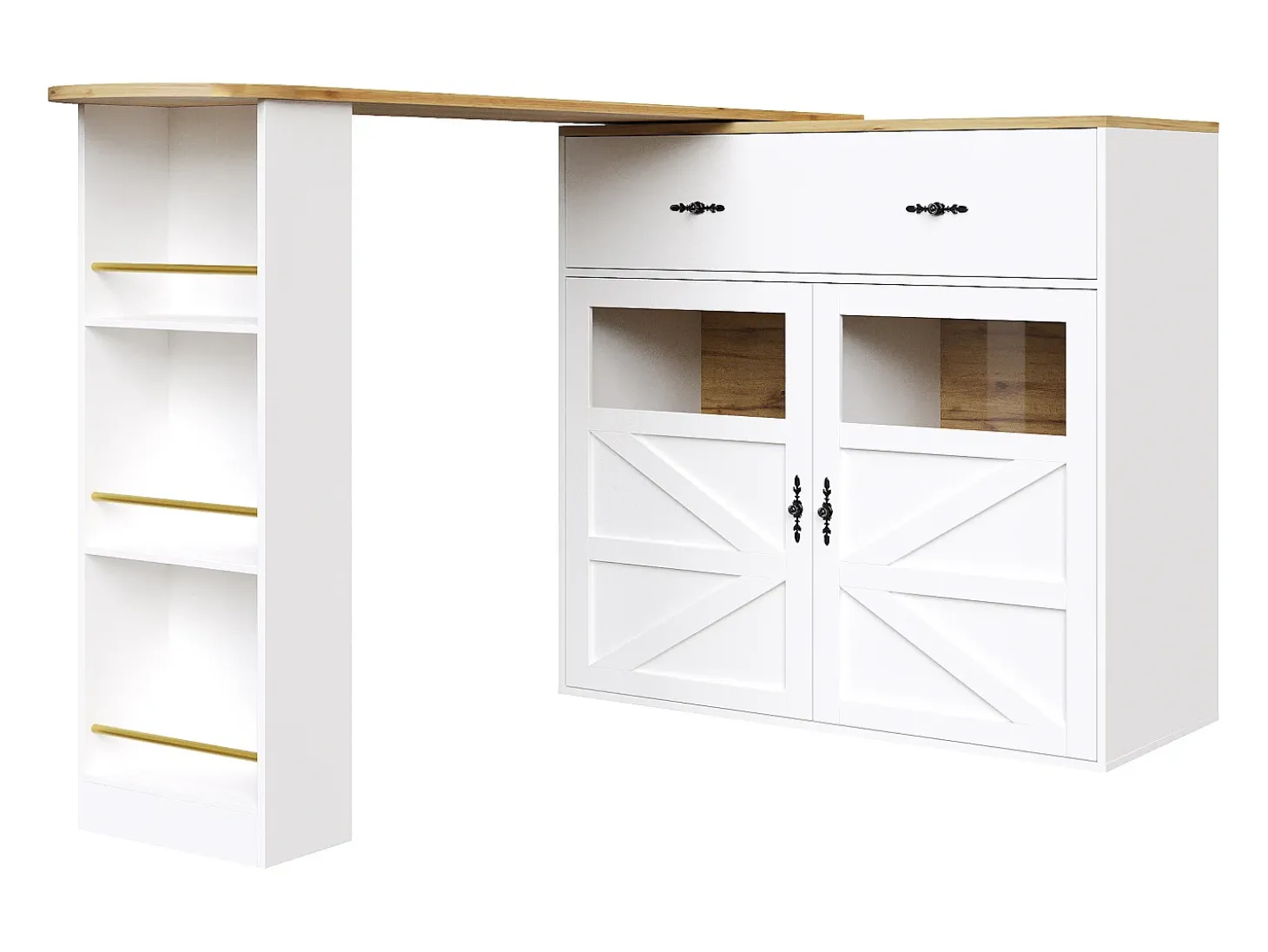 Móvel bar giratório com 1 gaveta larga e 2 portas, prateleira lateral de três níveis incluída, branco - 204x39x104cm