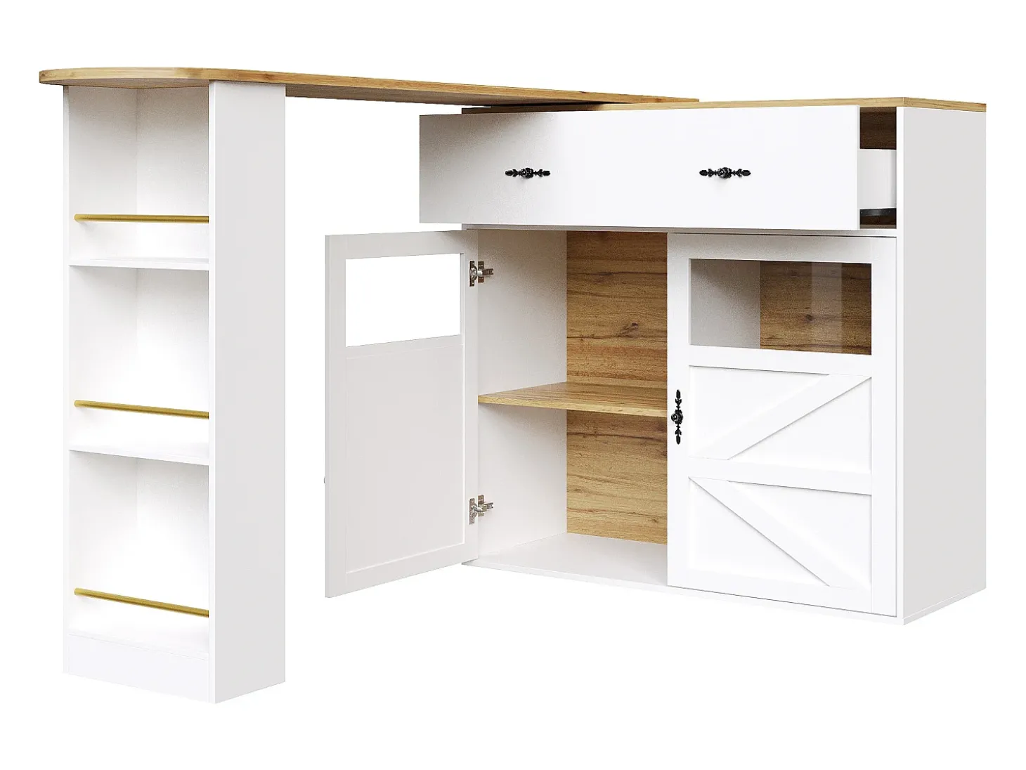 Móvel bar giratório com 1 gaveta larga e 2 portas, prateleira lateral de três níveis incluída, branco - 204x39x104cm
