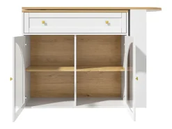 Móvel bar giratório com 1 gaveta larga e 2 portas de vidro, corpo branco, prateleiras incluídas - 204x39x104cm