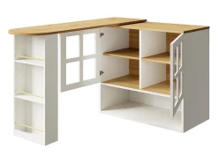 Móvel bar giratório com 2 portas de vidro e 1 nicho, corpo branco, tampo em folheado de madeira - 204x39x102,5cm