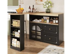 Móvel bar giratório com 1 porta de vidro, 1 nicho e 2 gavetas, corpo preto, prateleiras incluídas - 204x39x104cm