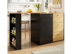 Móvel bar giratório com 1 porta e 3 gavetas, prateleira lateral de três níveis incluída, preto e natural claro - 204x39x104cm